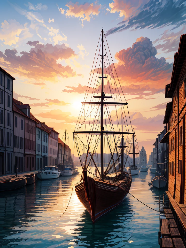 （（（masterpiece、Highest image quality、highest quality、highly detailed unity 8ｋwallpaper）））、（（fantasy、medieval port town））、（wooden sailing ship moored）、sunset