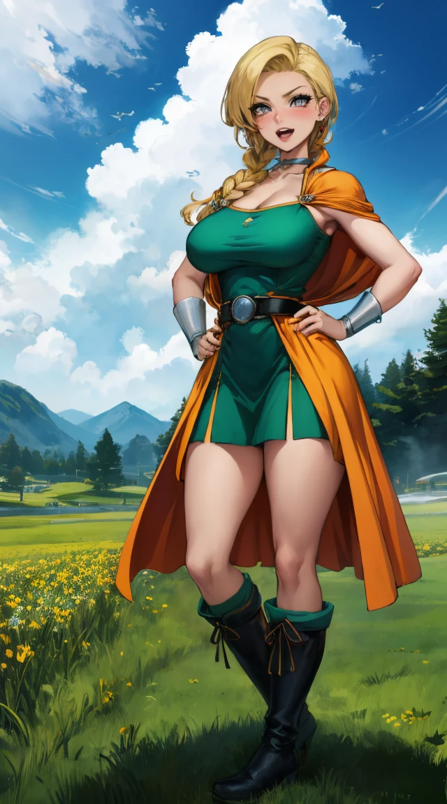 masterpiece, best quality, dqBianca, single braid, earrings, choker, orange cape, green dress, belt, looking at viewer, large breasts, hands to hips, boots, smirk, open mouth, furrowed brow, smile, sky, clouds, fields