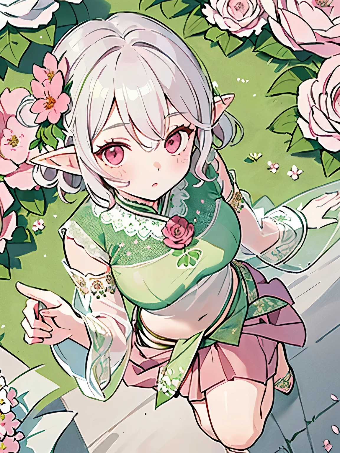 (gray hair:1.2),(short hair with curls:1.3),(Soft short:1.25),(Together:1.3),(Reddish-pink eyes:1.4),(eye size:1.5),(elf ears:1.2),(flower motif accessories:1.3),BREAK (fashion color white、green、green 、Money:1.3),((saree fashion:1.4)),(Sheer Sleeve:1.4),(Fluffy skirt:1.35),(Background full of blooming flowers:1.5),(blush),(upper grade:1.3),(small breasts:1.4),(close up of face:1.25),((foot pose:1.3)),(look up:1.25),((perspective from above:1.3))