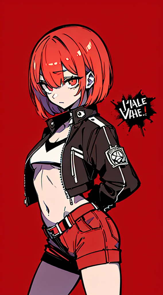 (masterpiece, highest quality:1.6), alone, thick outline, (simple background, Dark red background, monochrome, Dark red theme:1.2), official art, Key Visual, 8K, disorganized, whole body, (Unique hair, Punks jacket, hot pants, arch back, short torso:1.2), belly button, thighs, cowboy shot, HDR, sharp focus, High resolution, most detailed, very detailed, Super detailed, finely, detailed eyes and face, sharp pupils, realistic student