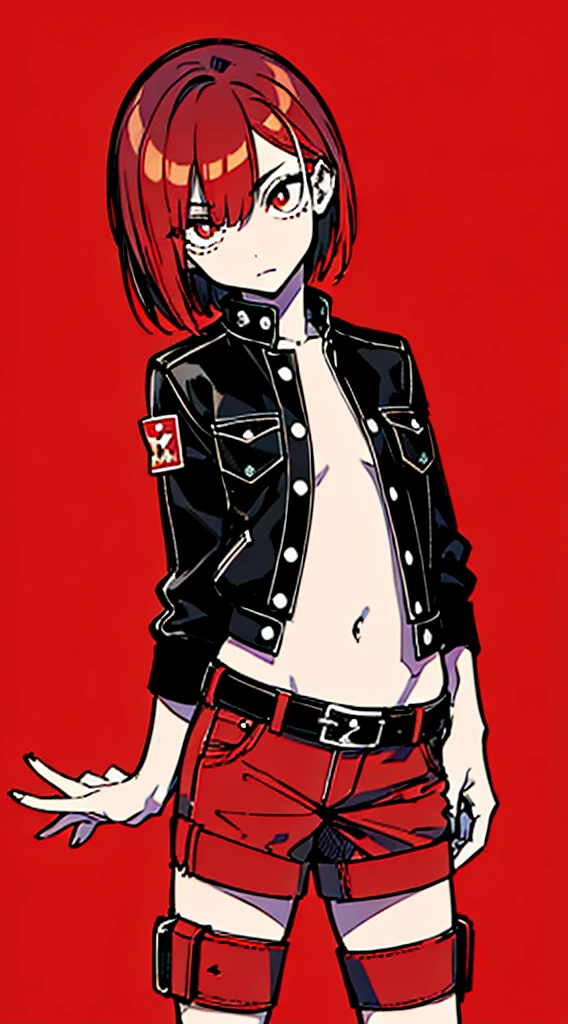 (masterpiece, highest quality:1.6), alone, thick outline, (simple background, Dark red background, monochrome, Dark red theme:1.2), official art, Key Visual, 8K, disorganized, whole body, (Unique hair, Punks jacket, hot pants, arch back, short torso:1.2), belly button, thighs, cowboy shot, HDR, sharp focus, High resolution, most detailed, very detailed, Super detailed, finely, detailed eyes and face, sharp pupils, realistic student