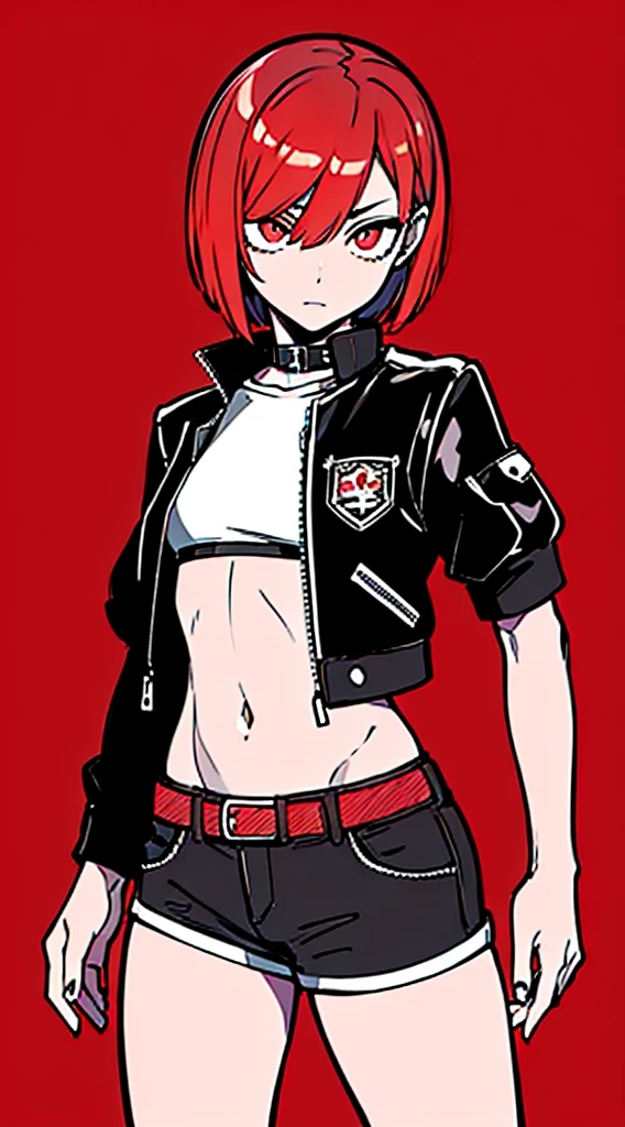 (masterpiece, highest quality:1.6), alone, thick outline, (simple background, Dark red background, monochrome, Dark red theme:1.2), official art, Key Visual, 8K, disorganized, whole body, (Unique hair, Punks jacket, hot pants, arch back, short torso:1.2), belly button, thighs, cowboy shot, HDR, sharp focus, High resolution, most detailed, very detailed, Super detailed, finely, detailed eyes and face, sharp pupils, realistic student