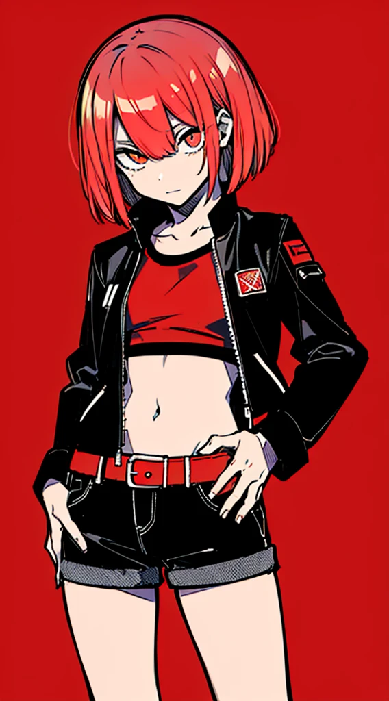 (masterpiece, highest quality:1.6), alone, thick outline, (simple background, Dark red background, monochrome, Dark red theme:1.2), official art, Key Visual, 8K, disorganized, whole body, (Unique hair, Punks jacket, hot pants, arch back, short torso:1.2), belly button, thighs, cowboy shot, HDR, sharp focus, High resolution, most detailed, very detailed, Super detailed, finely, detailed eyes and face, sharp pupils, realistic student