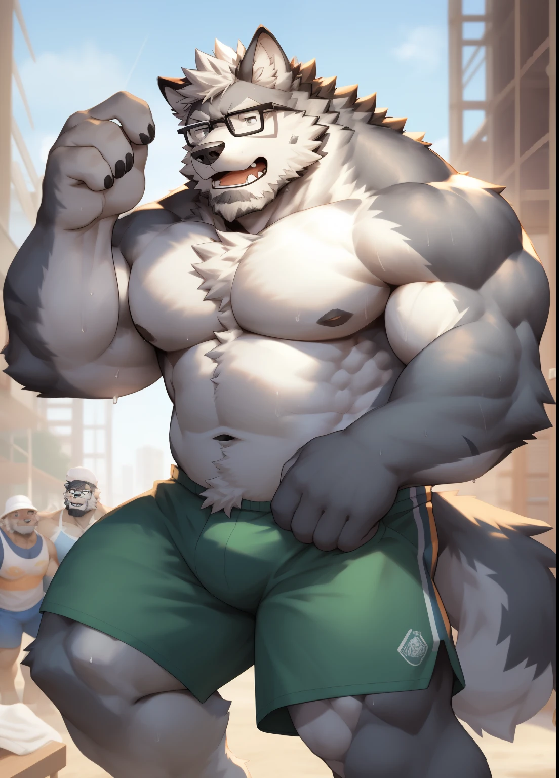 hairy，（（Wolf，Shirtless，construction shorts，Black-rimmed glasses，white towel）），beard，white fur，male，Common，full body picture（（极其lifelike阴影，masterpiece，Very detailed，lifelike））， （（Cat）），dynamic poses，Construction site，Show arm muscles，Wipe your sweat with a towel（（极其lifelike背景，masterpiece，Very detailed，lifelike））detailed background