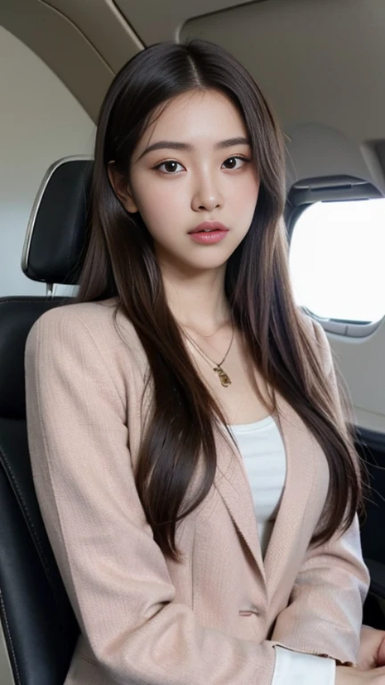 high detail，8K resolution，ultra high resolution，long black hair，Microvolumes，best picture quality，realism,18 years old beautiful and cute girl, masterpiece, exquisite necklace，Dewy and fair skin， A delicate and beautiful girl，big eyes，long eyelashes，Contact lenses，Sweet eyes，Gentle and cute，Exquisite facial features，perfect face，sweet smile，Pink lips，Sexy girl with S-shaped body，，（（Brown suit jacket），Red lining），（guard），upperbody shots，medium shot，Super temperamental，(（sitting))，（（background airplane），in a plane，Not violent