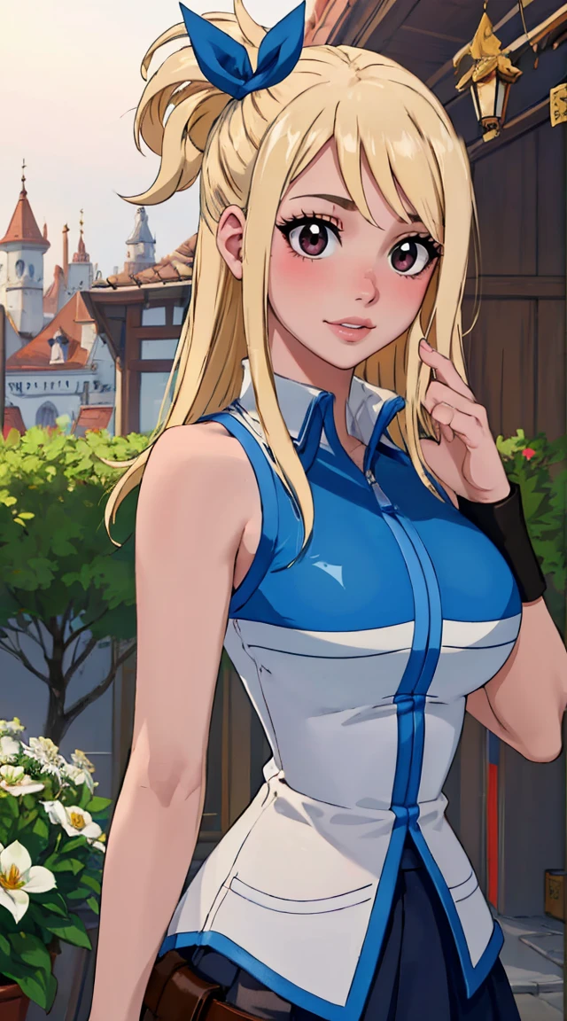 Lucy Heartfilia,cauda de fada,belos olhos detalhados,beautiful detailed lips,olhos e rosto extremamente detalhados,long eyelashes,cabelo loiro penteado em rabos de porco,sorrindo brilhantemente,olhos azuis cintilantes,top roxo e saia azul,Standing in a magical garden surrounded by floating flowers,luz cintilante iluminando a cena,cores suaves e vibrantes,arte estilo anime [retrato],dreamlike atmosphere,vivid colors,best quality,ultra-detalhado,realistic lighting,Bokeh,paleta de cores pastel,flor,vegetation,Borboletas,Ambiente tranquilo,expression joyful,Shimmering magic in your hands,fundo encantado da floresta,Ethereal and magical scene.