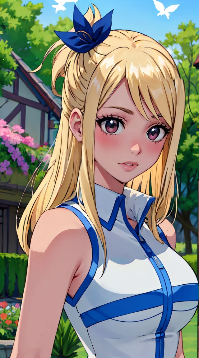 Lucy Heartfilia,cauda de fada,belos olhos detalhados,beautiful detailed lips,olhos e rosto extremamente detalhados,long eyelashes,cabelo loiro penteado em rabos de porco,sorrindo brilhantemente,olhos azuis cintilantes,top roxo e saia azul,Standing in a magical garden surrounded by floating flowers,luz cintilante iluminando a cena,cores suaves e vibrantes,arte estilo anime [retrato],dreamlike atmosphere,vivid colors,best quality,ultra-detalhado,realistic lighting,Bokeh,paleta de cores pastel,flor,vegetation,Borboletas,Ambiente tranquilo,expression joyful,Shimmering magic in your hands,fundo encantado da floresta,Ethereal and magical scene.