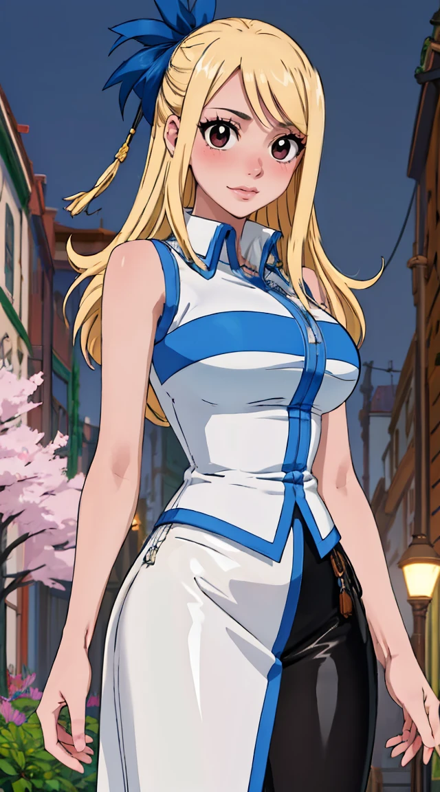 Lucy Heartfilia,cauda de fada,belos olhos detalhados,beautiful detailed lips,olhos e rosto extremamente detalhados,long eyelashes,cabelo loiro penteado em rabos de porco,sorrindo brilhantemente,olhos azuis cintilantes,top roxo e saia azul,Standing in a magical garden surrounded by floating flowers,luz cintilante iluminando a cena,cores suaves e vibrantes,arte estilo anime [retrato],dreamlike atmosphere,vivid colors,best quality,ultra-detalhado,realistic lighting,Bokeh,paleta de cores pastel,flor,vegetation,Borboletas,Ambiente tranquilo,expression joyful,Shimmering magic in your hands,fundo encantado da floresta,Ethereal and magical scene.