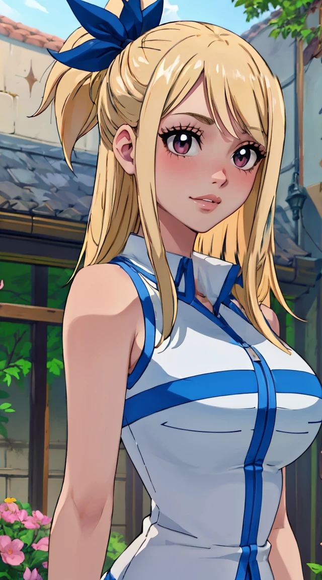 Lucy Heartfilia,cauda de fada,belos olhos detalhados,beautiful detailed lips,olhos e rosto extremamente detalhados,long eyelashes,cabelo loiro penteado em rabos de porco,sorrindo brilhantemente,olhos azuis cintilantes,top roxo e saia azul,Standing in a magical garden surrounded by floating flowers,luz cintilante iluminando a cena,cores suaves e vibrantes,arte estilo anime [retrato],dreamlike atmosphere,vivid colors,best quality,ultra-detalhado,realistic lighting,Bokeh,paleta de cores pastel,flor,vegetation,Borboletas,Ambiente tranquilo,expression joyful,Shimmering magic in your hands,fundo encantado da floresta,Ethereal and magical scene.