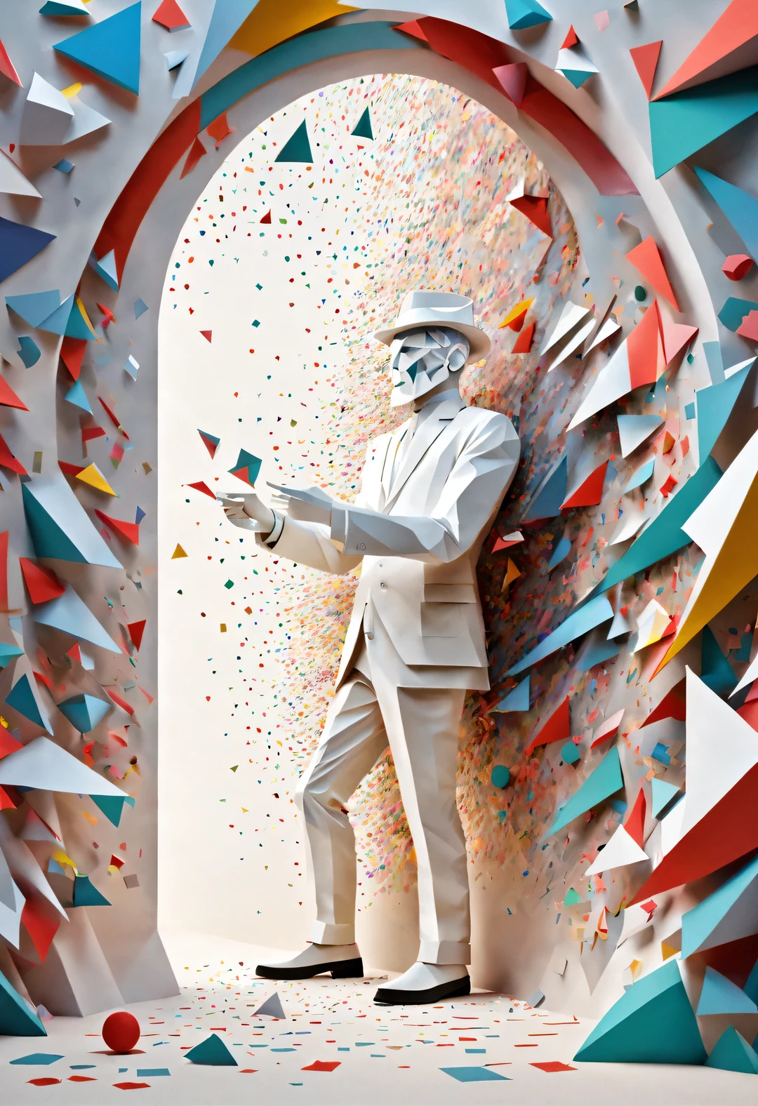 White confetti people walking through wall，Become a confetti man, fantasy, science fiction.,low poly,cubism,Thick layer paper cutting,author：Charles Eames and Ray Eames,