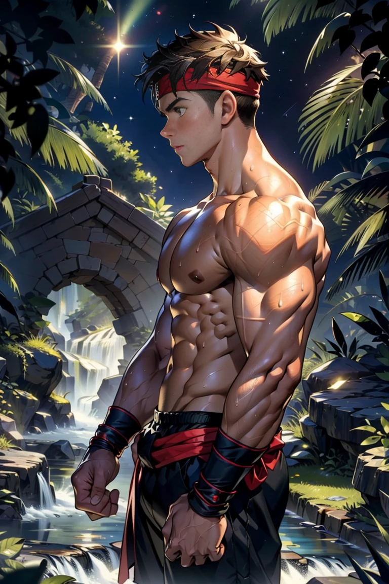 (Masterpiece, Best quality, 18 year old boy, 8k, ultra-detailed, (bust shot)), (from side, looking away, worm eyes, thin lips), (1 boy, solo), Young, (ager), (Dark Short straight hair, under cut, brown eyes), Shirtless, topless, (Red headband, ((gauntlet))), (Depth of field:1.2), (Abs, chest, upper arms, fararms, shoulder), (topless male), man with martial arts stance, athretic body, (background: midnight caves, starry night), sweat,