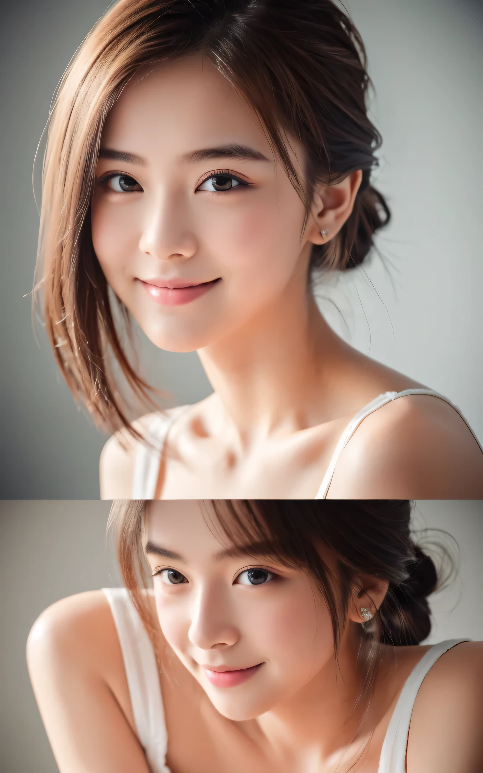 masterpiece, highest quality, RAW photo, realistic, smile, beautiful girl, cute, delicate girl, hair up, written boundary depth, High resolution, Super detailed, detailed, 非常にdetailedな目と顔, realistic student, sharp focus, cinematic lighting, Upper body,