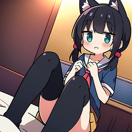 Young girl with black hair, long twintail, twintail hairstyle, (blue eyes), ((small bushy eyebrows)), (wolf ears up), wearing gothic lolita, lolicon clothes, going to school, dull eyes, dull face, going to school, flirtatious smile, small and perky breasts, having sex in the bus with a werewolf