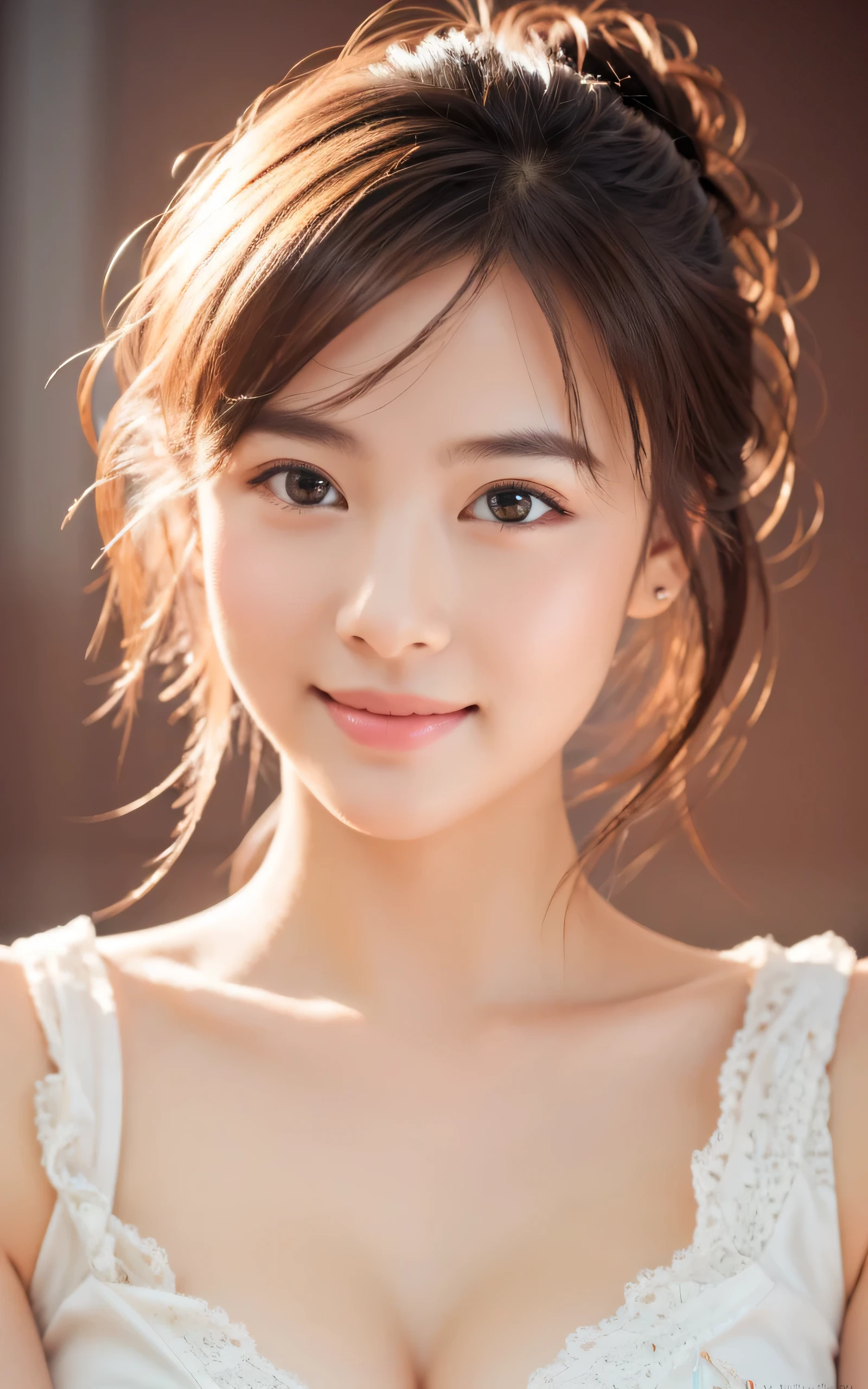 masterpiece, highest quality, RAW photo, realistic, smile, beautiful girl, cute, delicate girl, hair up, written boundary depth, High resolution, Super detailed, detailed, 非常にdetailedな目と顔, realistic student, sharp focus, cinematic lighting, Upper body,