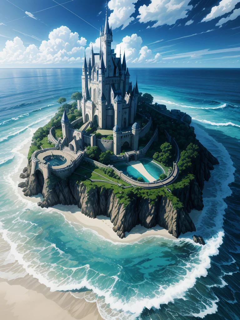 (((masterpiece、Highest image quality、highest quality、highly detailed unity 8kwallpaper)))、((A castle on a lonely island))、(Ocean)、tower