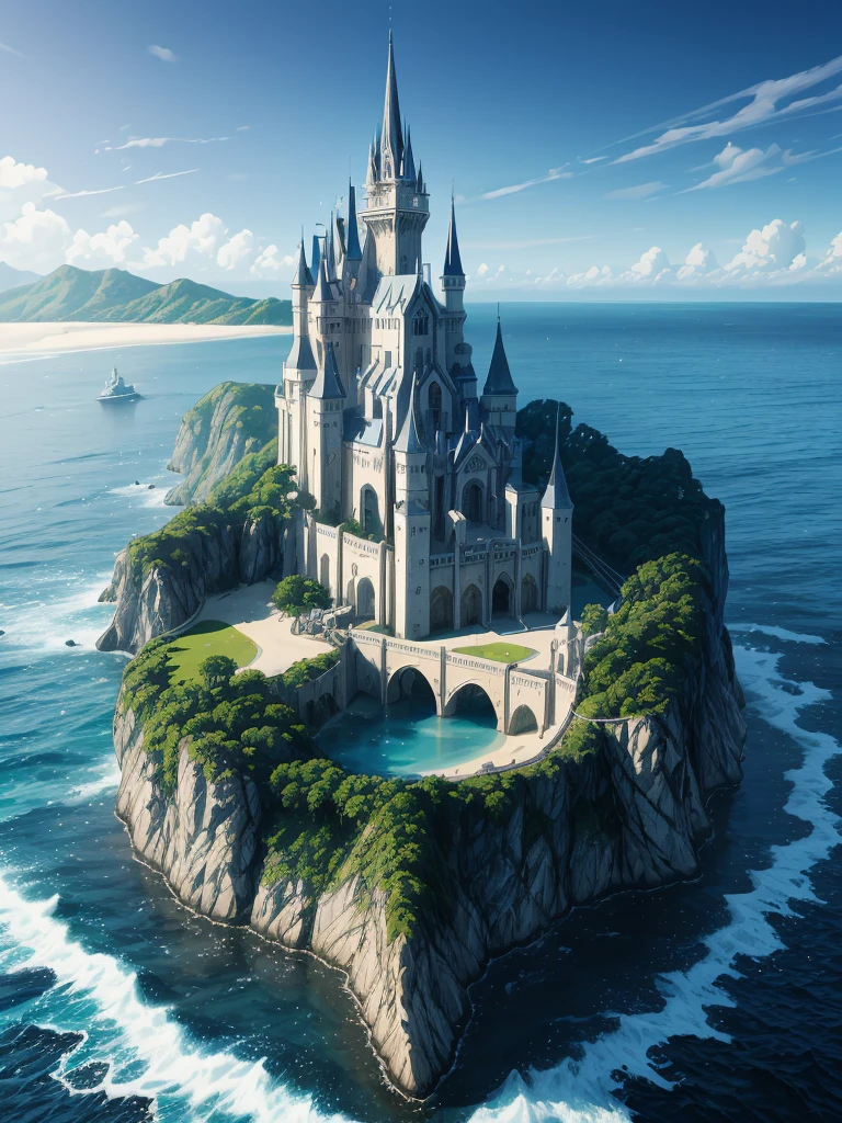 (((masterpiece、Highest image quality、highest quality、highly detailed unity 8kwallpaper)))、((A castle on a lonely island))、(Ocean)、tower