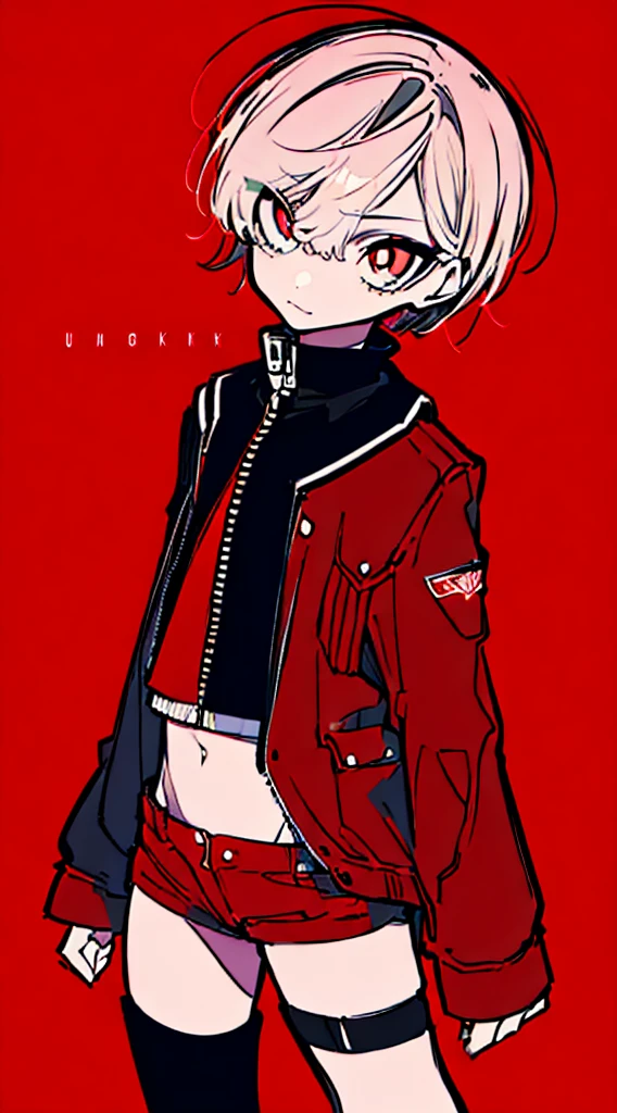 (masterpiece, highest quality:1.6), alone, thick outline, (simple background, Dark red background, monochrome, Dark red theme:1.2), official art, Key Visual, 8K, disorganized, whole body, (Unique hair, Punks jacket, hot pants, arch back, short torso:1.2), belly button, thighs, cowboy shot, HDR, sharp focus, High resolution, most detailed, very detailed, Super detailed, finely, detailed eyes and face, sharp pupils, realistic student