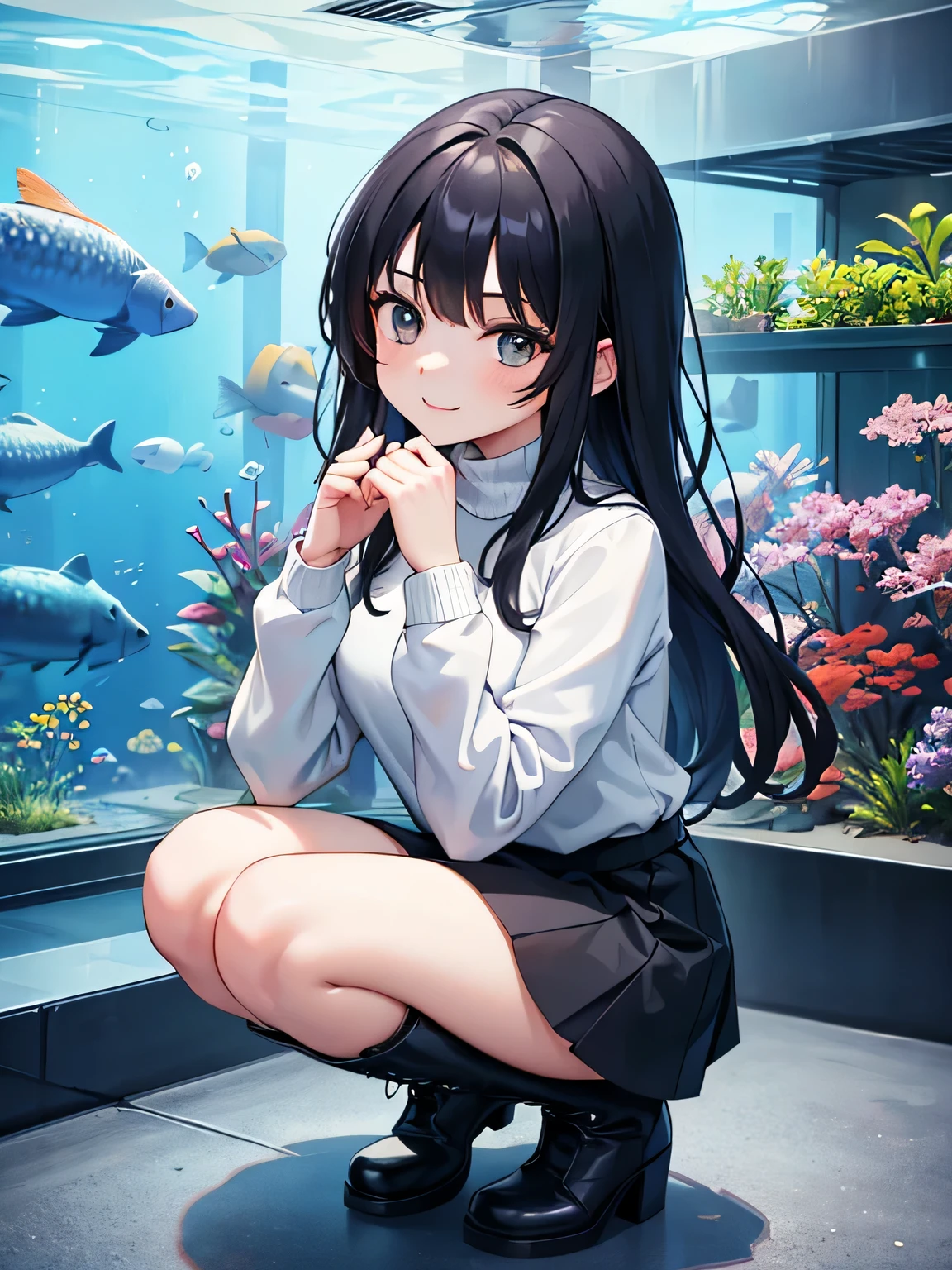 (1) A woman is squatting down and looking at the aquarium.
(2) that woman has long black hair.
(3) The woman is wearing a turtleneck knit, Mini skirt and long boots.
(4) The woman&#39;s expression is a smile.
(5) The place is an aquarium.