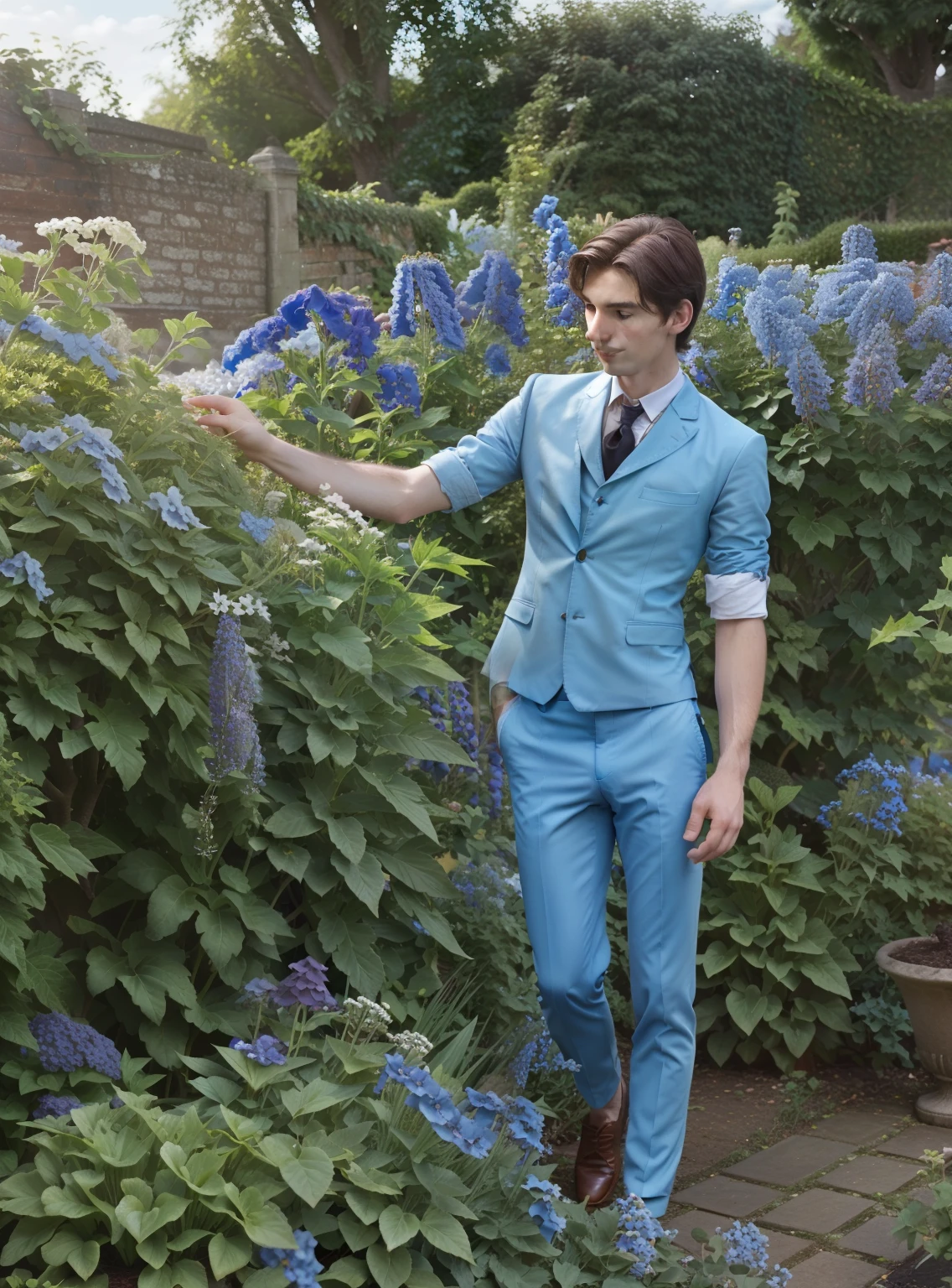 A young thin, short aristocratic guy of 19 years old with dark brown hair and light blue eyes, wearing expensive brown suit according to the late Victorian era, in the garden among growing blue delphiniums, daylight, high resolution, professional photo of excellent quality, 8k.