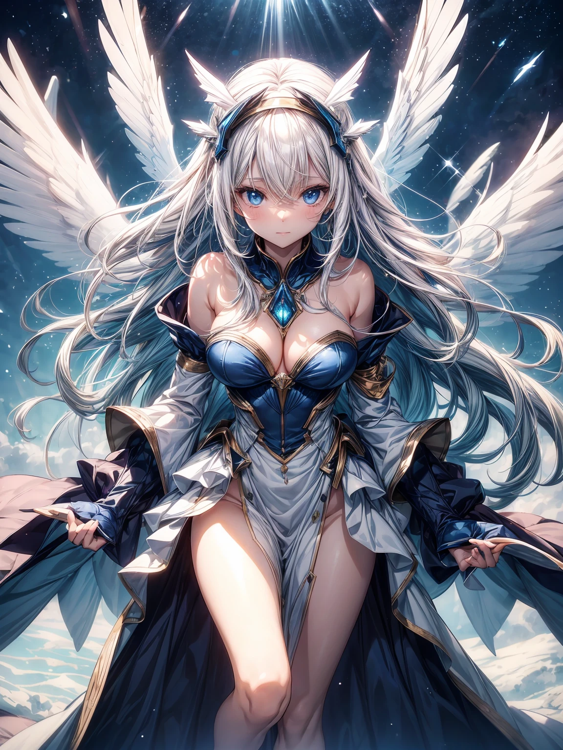 (masterpiece、highest quality, wonderful, very detailedティッカーユニティ、8k wallpaper, Depth of written boundary, Ultra-fine illustration:1.5)、。.。.3D, very detailed, (Full body Esbian、Mecha elf girl:1.3), sci-fi battlefield, Hawken, smile, open your mouth、long hair, (white blonde hair, deep blue eyes:1.2), sparkling eyes, cute顔, cute, big breasts, delicate hair, messy hair, (((Flying high in the sky))、blue sky, White cloud), shiny hair, shiny skin, (Symmetrical mechanical winetallic colored mechanical wings that are widely expanded to the left and right so that they protrude wonderfully from the screen, headgear, white hair ornament), (particles of light, cinematic lighting: 1.3), (pale pink lips: 0.8), by Yusuke Murata.