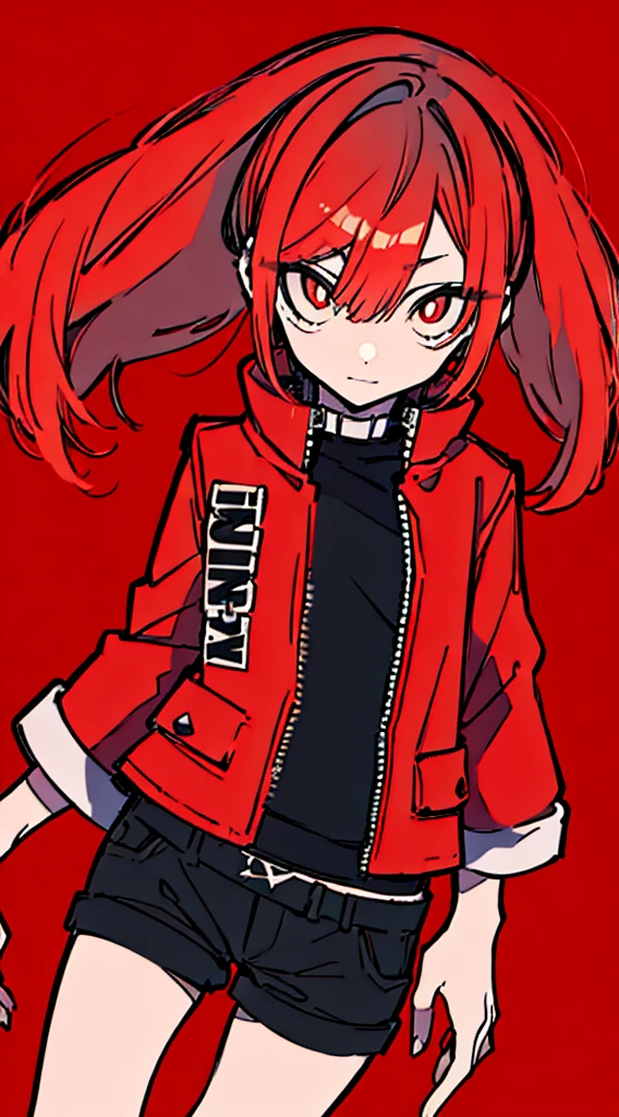 (masterpiece, highest quality:1.6), alone, thick outline, (simple background, Dark red background, monochrome, Dark red theme:1.2), official art, Key Visual, 8K, disorganized, whole body, (Unique hair, Punks jacket, hot pants, arch back, short torso:1.2), belly button, thighs, cowboy shot, HDR, sharp focus, High resolution, most detailed, very detailed, Super detailed, finely, detailed eyes and face, sharp pupils, realistic student