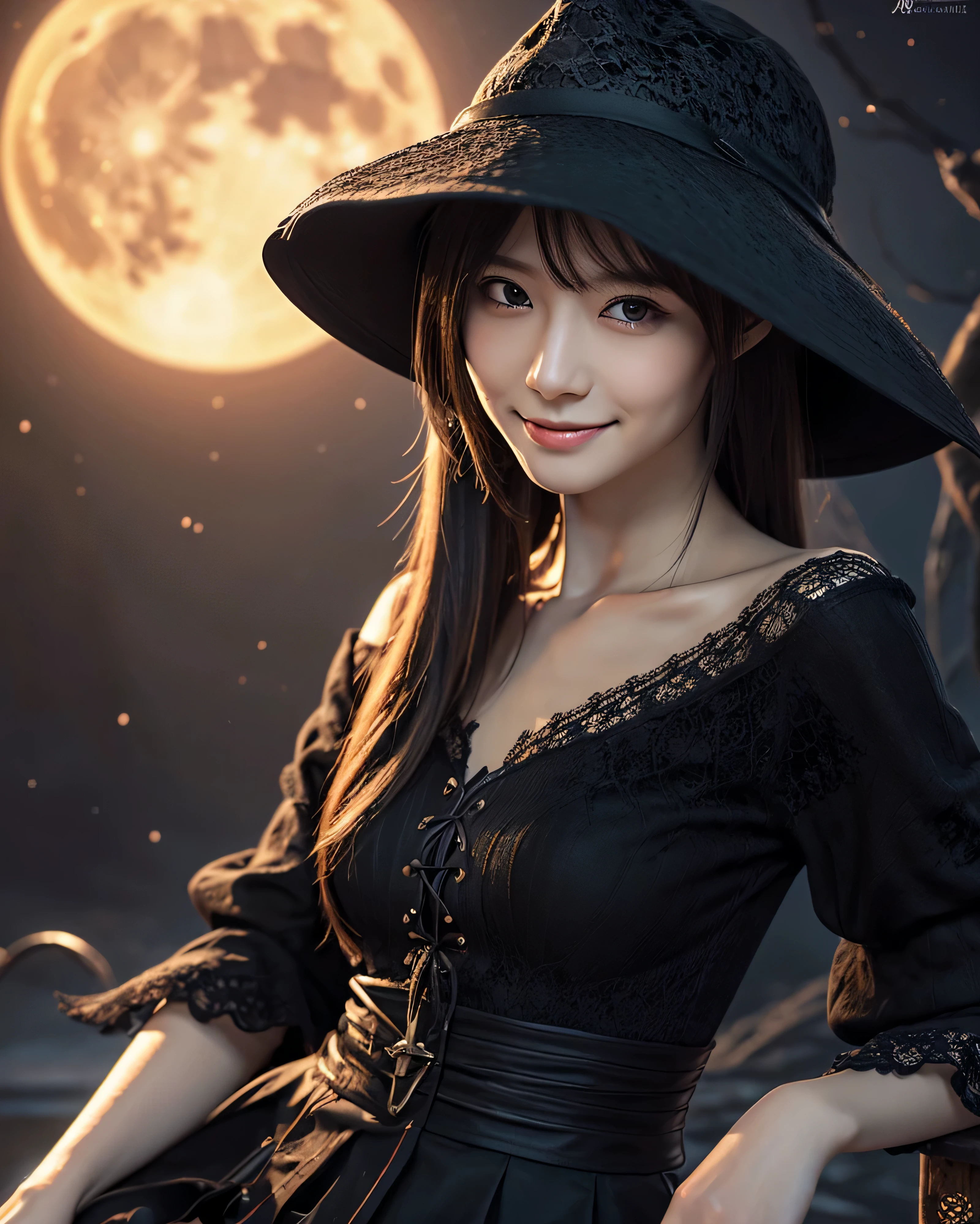 beautiful japanese girl,detailed beautiful eyes,smile,fantasy erotic witch ,Detailed dark hair with intricate colors,Long straight hair,smooth and soft skin,（huge orange full moon:1.5）,Detailed and perfect clavicle,big symphony lace classic skirt ,(black tricorn hat:1.3),concept art,professional lighting