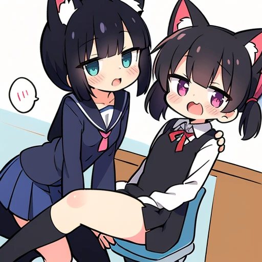 female, french kissing girls, yuri, school girl, nude, naked, cat ears, open blouse, short skirt, messy hair , young, at night , hugging, rubbing breasts, pinned to desk, class room, loli, small breasts, thin body, legs spread, blushing face, masterpiece, high quality,