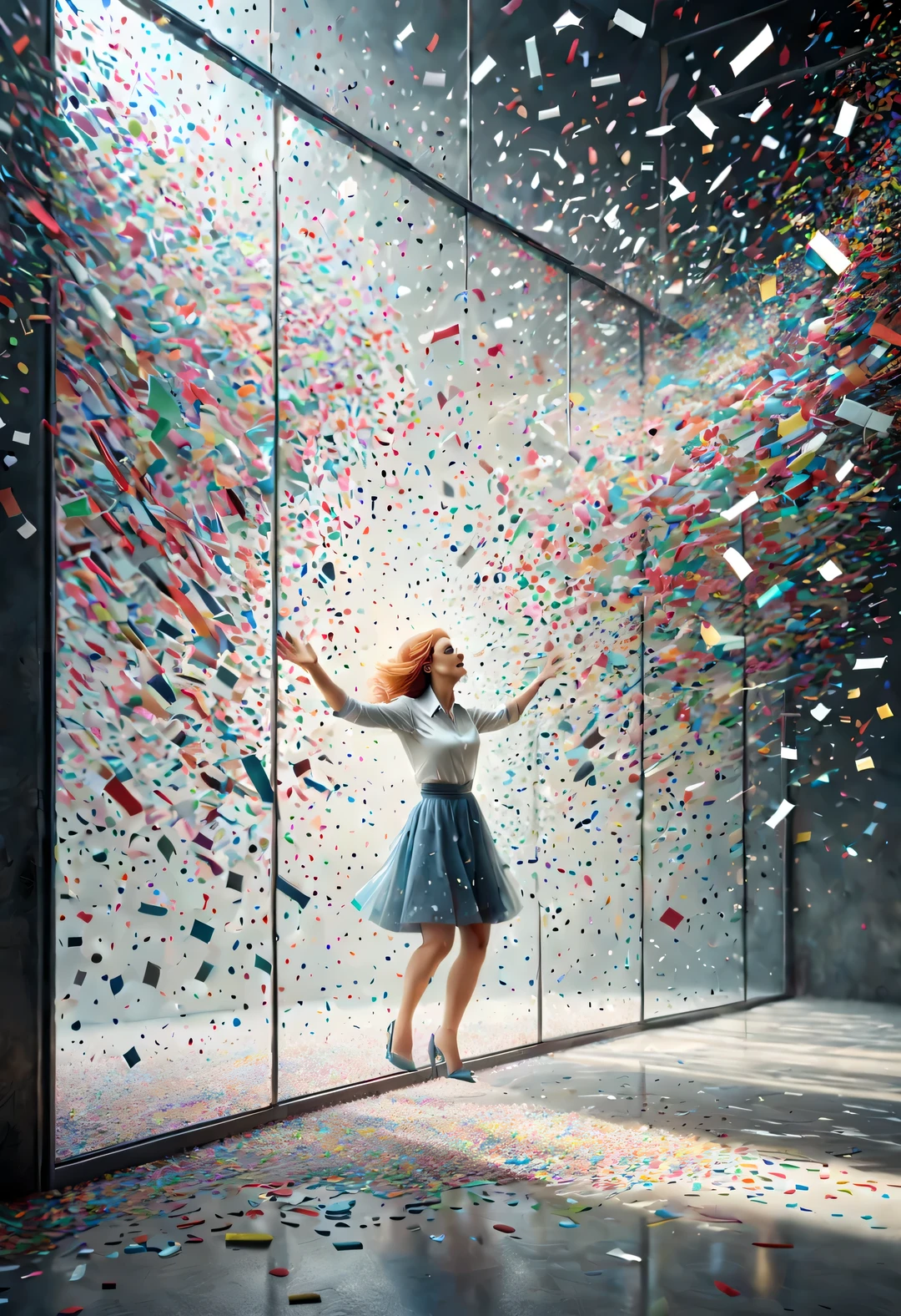 In the center of the picture is a glass wall，White people shaped confetti passing through glass wall，turn into confetti, ，production art, Interesting illustration, cartoon