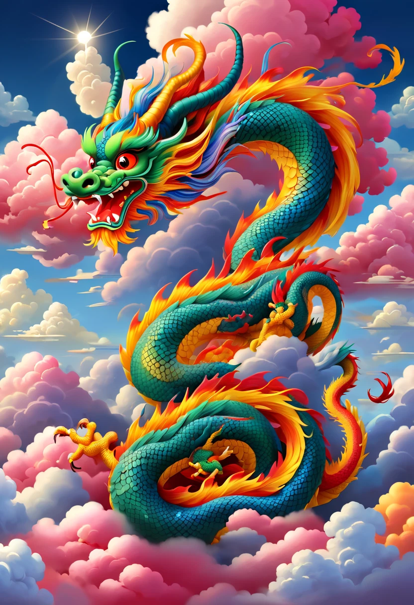 现代女孩和可爱的Chinese dragon,Colorful auspicious clouds,Chinese dragon尾,Chinese dragotomically correct,clouds