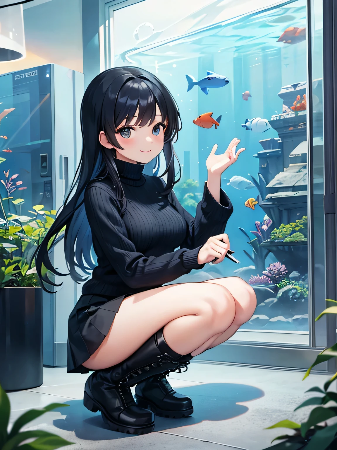 (1) A woman is squatting down and looking at the aquarium.
(2) that woman has long black hair.
(3) The woman is wearing a turtleneck knit, Mini skirt and long boots.
(4) The woman's expression is a smile.
(5) The place is an aquarium.