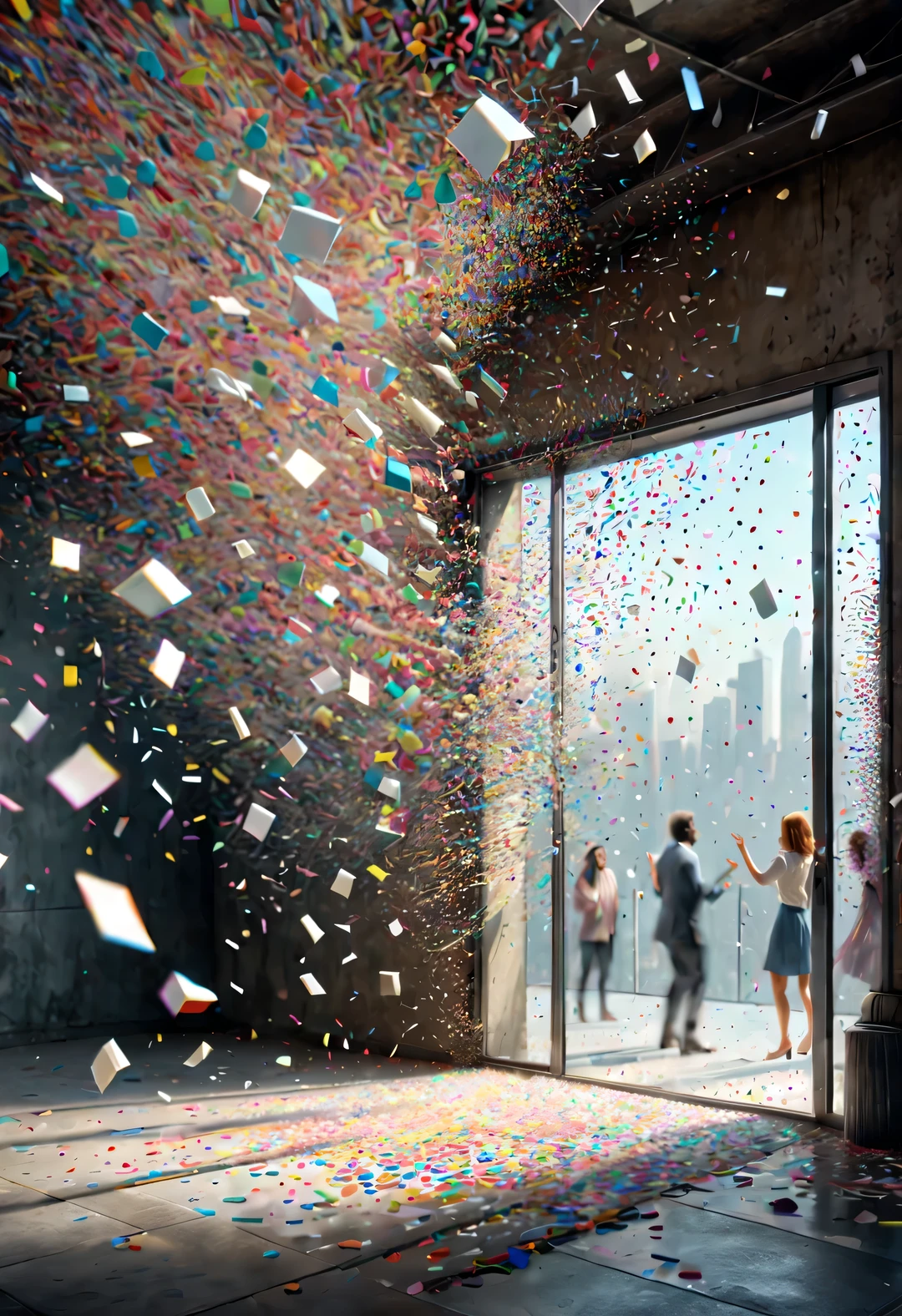 In the center of the picture is a glass wall，White people shaped confetti passing through glass wall，turn into confetti, ，production art, Interesting illustration, cartoon