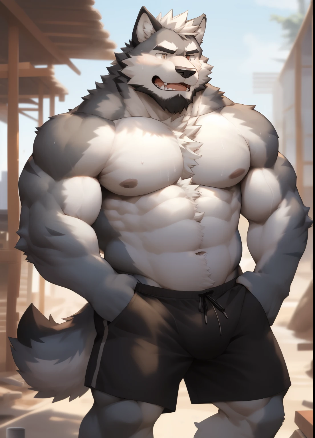 hairy，（（Wolf，Shirtless，construction shorts，Black-rimmed glasses，holding white towel in hand）），beard，white fur，male，Common，full body picture（（极其lifelike阴影，masterpiece，Very detailed，lifelike））， （（Cat）），dynamic poses，Construction site，Show arm muscles，Wiping sweat on hands with towel（（极其lifelike背景，masterpiece，Very detailed，lifelike））detailed background