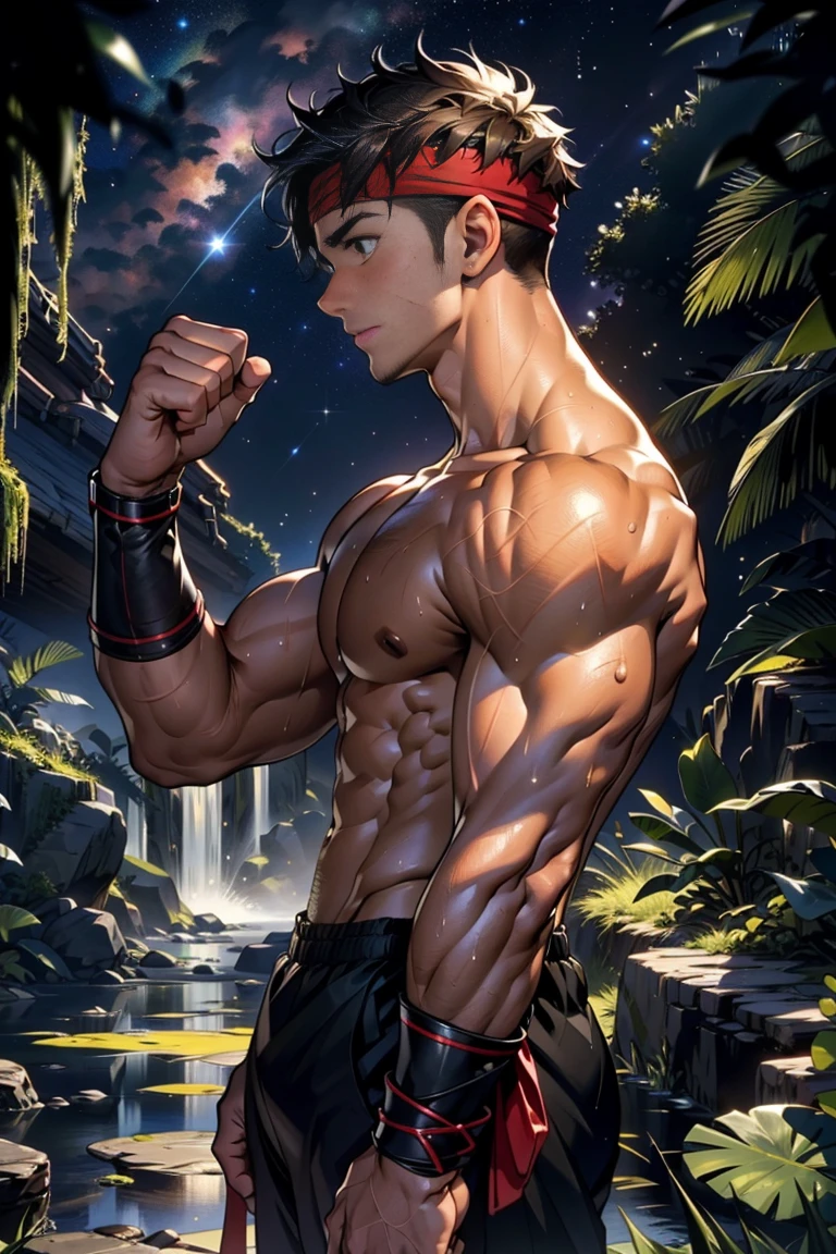 (Masterpiece, Best quality, 18 year old boy, 8k, ultra-detailed, (bust shot)), (from side, looking away, worm eyes, thin lips), (1 boy, solo), Young, (teenager), (Dark Short straight hair, under cut, brown eyes), Shirtless, topless, (Red headband, ((gauntlet))), (Depth of field:1.2), (Abs, chest, upper arms, fararms, shoulder), (topless male), man with martial arts stance, athretic body, (background: midnight caves, starry night), sweat,