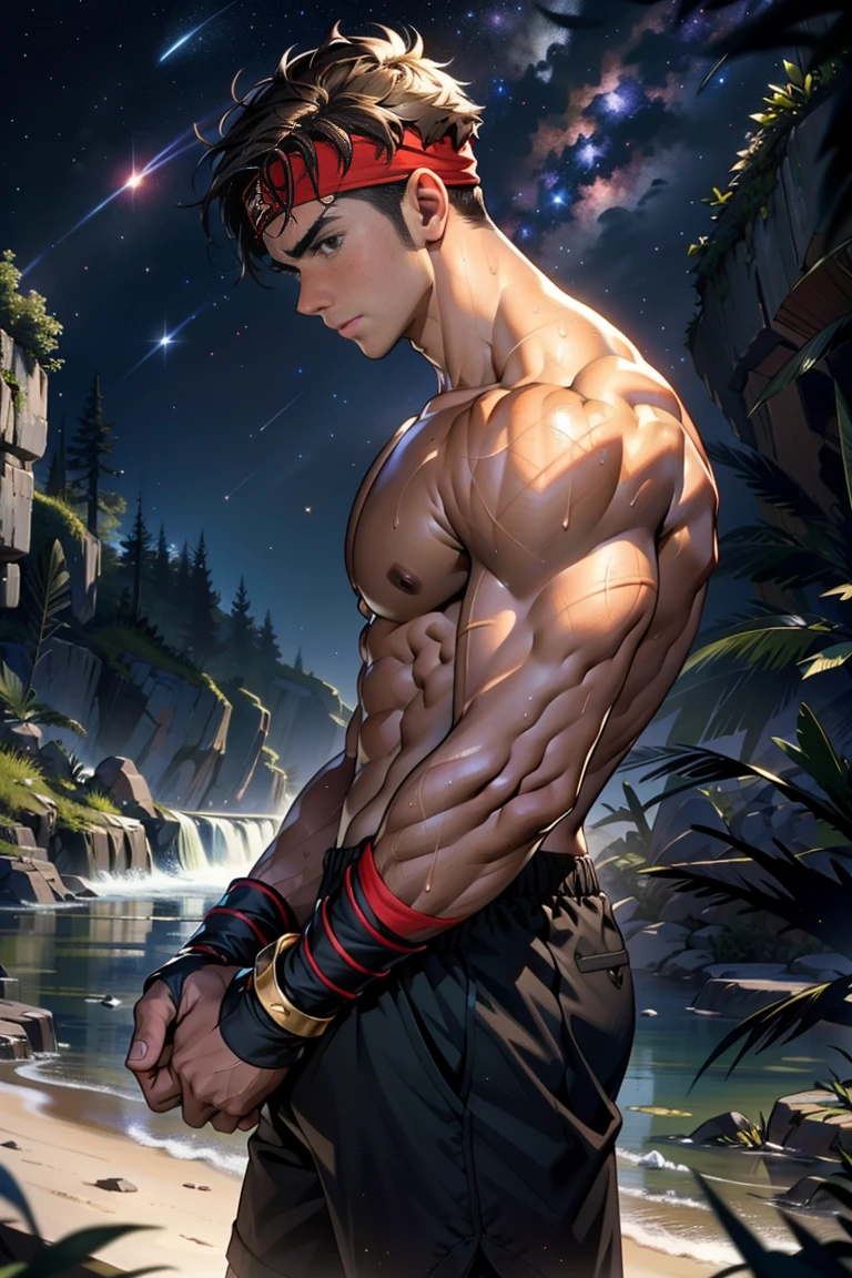 (Masterpiece, Best quality, 18 year old boy, 8k, ultra-detailed, (bust shot)), (from side, looking away, worm eyes, thin lips), (1 boy, solo), Young, (teenager), (Dark Short straight hair, under cut, brown eyes), Shirtless, topless, (Red headband, ((gauntlet))), (Depth of field:1.2), (Abs, chest, upper arms, fararms, shoulder), (topless male), man with martial arts stance, athretic body, (background: midnight caves, starry night), sweat,