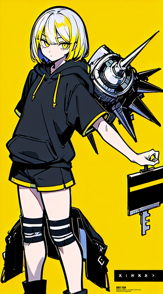 (masterpiece, highest quality:1.6), alone, thick outline, (simple background, Dark yellow background, monochrome, dark yellow theme:1.2), official art, Key Visual, 8K, disorganized, whole body, (Unique hair, Oversized Hoodies, hot pants, arch back, short torso:1.2), belly button, thighs, cowboy shot, HDR, sharp focus, High resolution, most detailed, very detailed, Super detailed, finely, detailed eyes and face, sharp pupils, realistic student