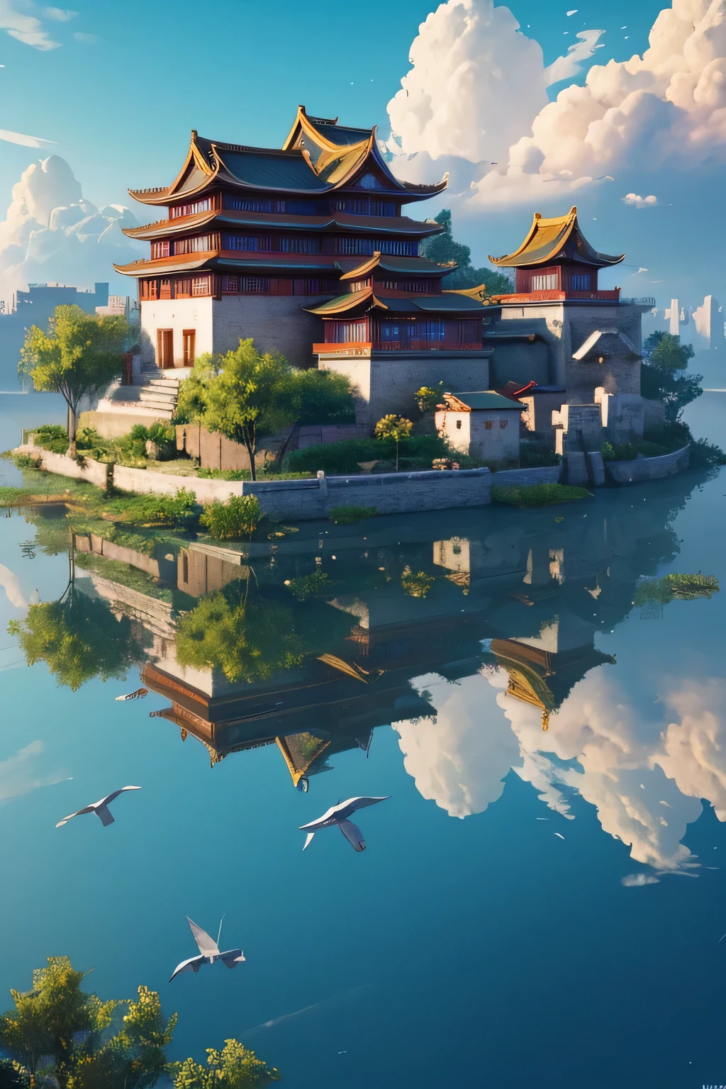 arafed view of a village with a lot of light on the buildings,color (fantasy: 1.2), (サイバーパンクChinaの古代の城,), (Irregular red building floating above clouds), Patchwork Cottage, flower decoration, light, City: China, (空中City), Ross Tran, lightシャフト, realistic lighting, masterpiece, high quality, beautiful graphics, high detail, masterpiece, high quality, beautiful graphics, high detail, , bird flying in the sky, unreal engine 5,