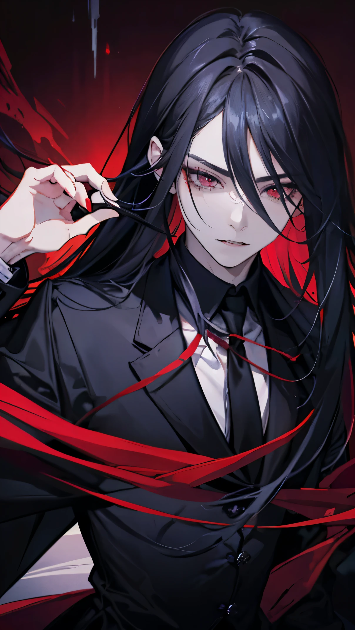 (best quality), 1 person,Masculinity,Long black hair,red eyes,vampire,Open your mouth to show your fangs,Gorgeous dark atmosphere, wear black suit,late night