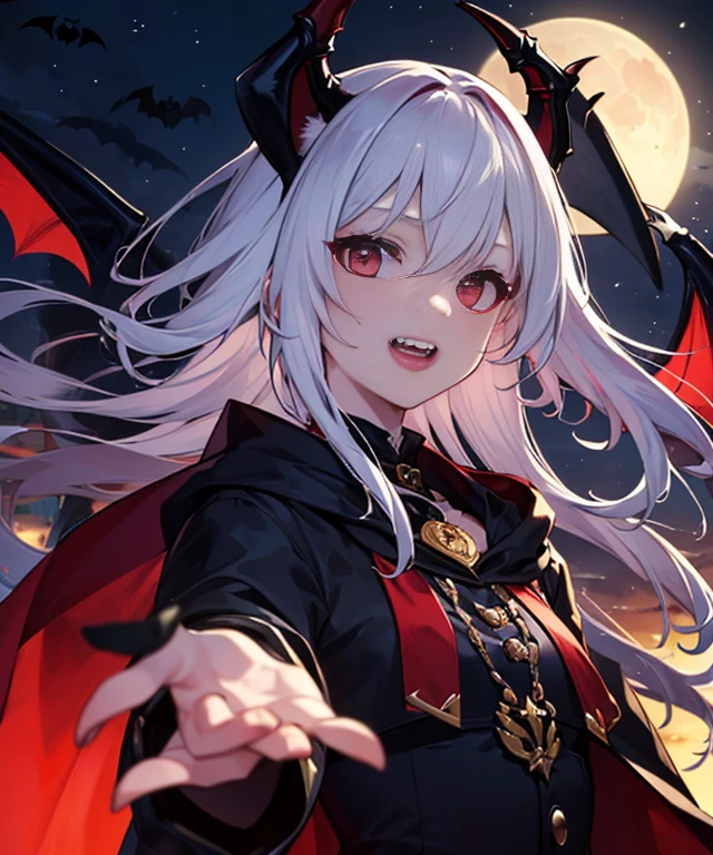 Natural Volumetric Lighting And Best Shadows, Deep Depth Of Field, Sharp Focus, Portrait Of Stunningly Beautiful White Demon Girl, Soft Delicate Beautiful Attractive Face With Alluring Sharp Eyes, Black Sclera Red Iris, Lovely Small Breasts, Sharp Eyeliner, (From Below View:1.05), Vicious Grin, Open Mouth With Cute Fangs Out, Windswept Disheveled White Hair, Thick Layered Absurdly Long Hairstyles, Blush Eyeshadow With Thick Eyelashes, Parted Lips, Pale Skin, Pointy Ears, Handcuffs, Red Jewel, White Demon Wings And Black Cat Ears, White Bare Shoulders One-Piece Dress, (Standing Tall, Blue-ish White Aura:1.1), (Moon Over The Castle Panorama:1.15), (Crossed Arms:1.2), (Highest Quality, Amazing Details:1.4), Masterpiece, Pastel, Picturesque, Professional Oil Paintings