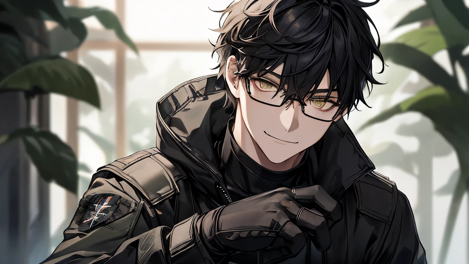 1 guy, camouflage military pants, black sweater, black body armor, Tactical gloves, Balaklava, wild hair, берцы, gun in hand and press, Thin, pale, rings on fingers, black nails, Glasses, black hair, a little sporty, Glass eyes, smile, cinematic lighting, Blur background, Best quality, Brown eyes, In the woods, yellow tall grass, Collar,