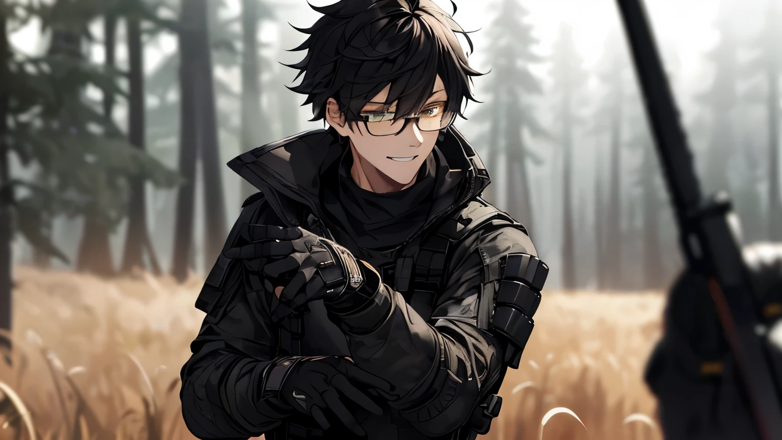 1 guy, camouflage military pants, black sweater, black body armor, Tactical gloves, Balaklava, wild hair, берцы, gun in hand and press, Thin, pale, rings on fingers, black nails, Glasses, black hair, a little sporty, Glass eyes, smile, cinematic lighting, Blur background, Best quality, Brown eyes, In the woods, yellow tall grass, Collar,