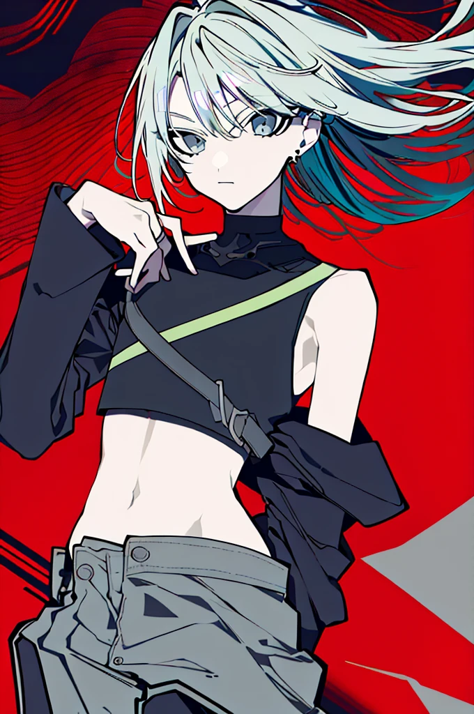 obra-prima, melhor qualidade, original_outfits, 1boy, solo, pálida-skinned_female, cabelo preto, olhos verdes,Slacks, on_motorcycle, logotipo, luvas, floating_hair, brincos, off_shoulde, midriff, multicolored_hair, bare_shoulders, helmet_removed, open_clothes, cross_earrings, joias, long_sleeves, no expression, red_background, monocromatic,colorfulな毛先、