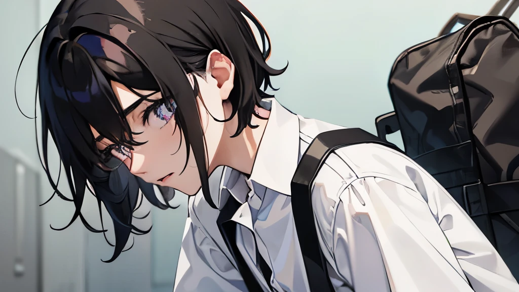 Ragged Hair、male、Hair is black、high school student、１6歳のmaleの子、hair is very short、gloomy image、white cutter shirt、Summer School Uniform、eyes are black、looking down、