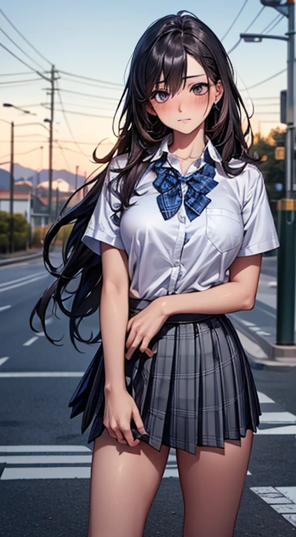 (masterpiece:1.2, top-quality), (realistic, photorealistic:1.4), beautiful illustration,
looking at viewer, full body, front view:0.6,
1 girl, japanese, high school girl, (long hair:1.5), blown hair, (half up, half updo), bangs, hair between eye, large breasts:0.8,
beautiful hair, beautiful face, beautiful detailed eyes, beautiful clavicle, beautiful body, beautiful chest, beautiful thigh, beautiful legs, beautiful fingers,
(beautiful scenery), , school,
((collared short sleeve shirt, white shirt, school uniform, grey plaid pleated skirt, blue plaid bow tie)), white panties,
(standing, , lift up skirt, grab the hem of the skirt, hands on chest, hand between legs),
blush, ,