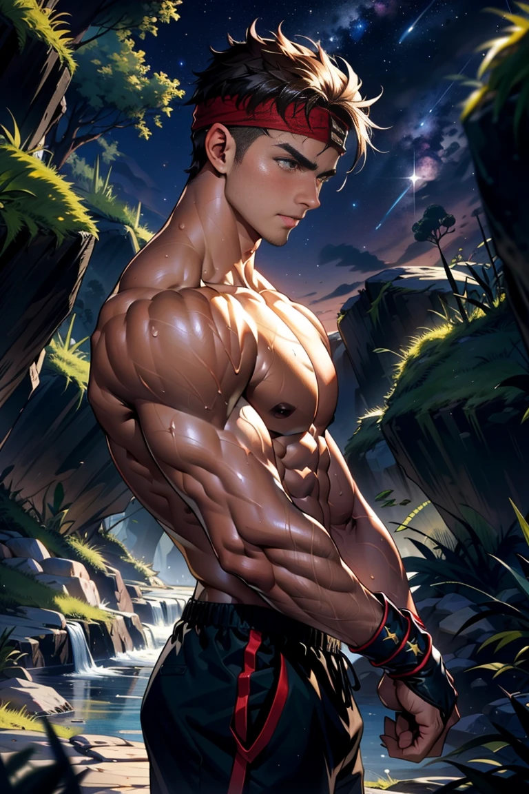 (Masterpiece, Best quality, 18 year old boy, 8k, ultra-detailed, (bust shot)), (from side, looking away, worm eyes, thin lips), (1 boy, solo), Young, (teenager), (Dark Short straight hair, under cut, brown eyes), Shirtless, topless, (Red headband, ((gauntlet))), (Depth of field:1.2), (Abs, chest, upper arms, fararms, shoulder), (topless male), man with martial arts stance, athretic body, (background: midnight caves, starry night), sweat, fighting pose