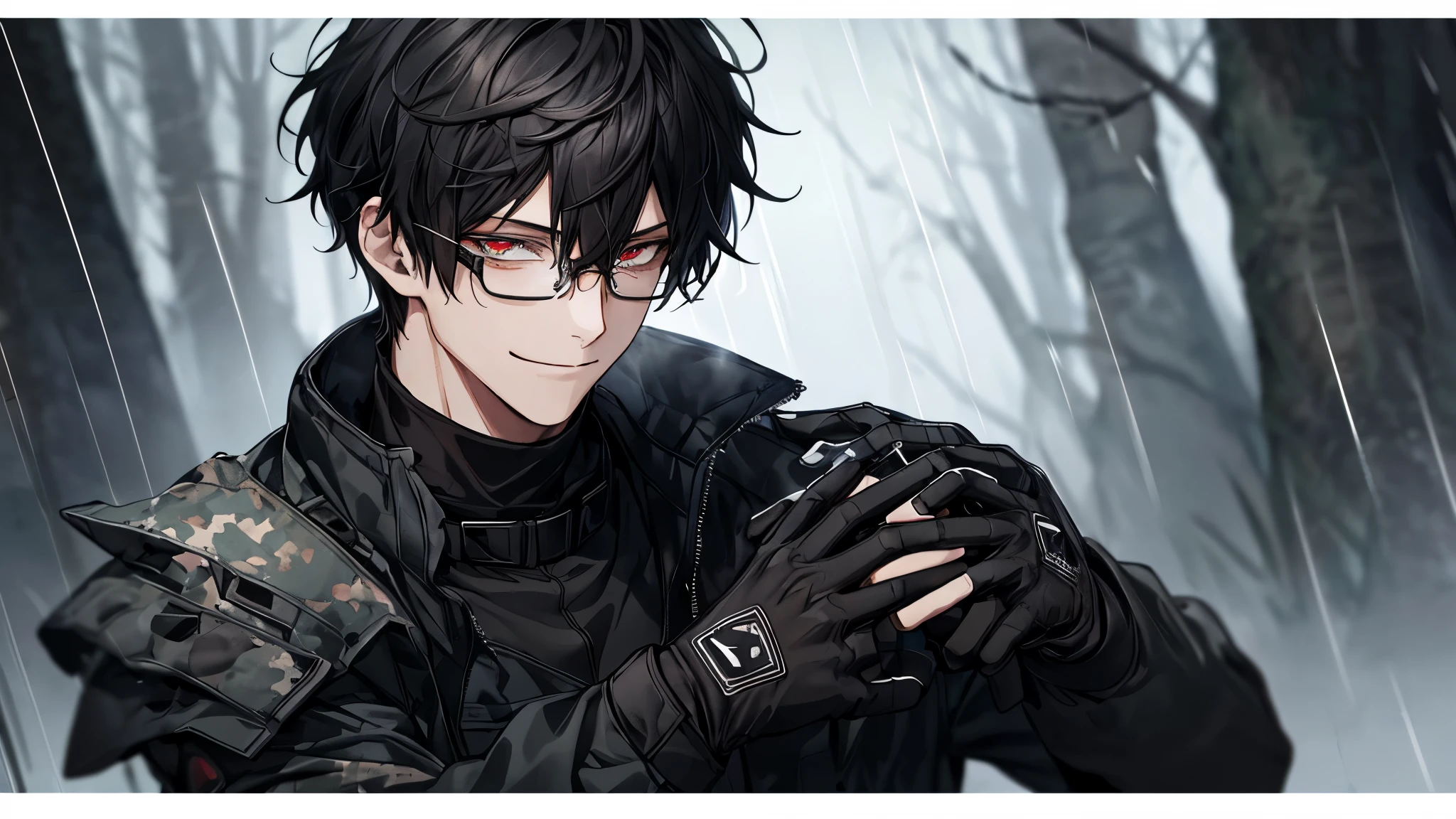 1 guy, camouflage military pants, black sweater, black body armor, Tactical gloves, Balaklava, wild hair, берцы, gun in hand and press, Thin, pale, rings on fingers, black nails, Glasses, black hair, a little sporty, Glass eyes, smile, cinematic lighting, Blur background, Best quality, Brown eyes, In the woods, swirl, sea, gloomy, rain, Collar,