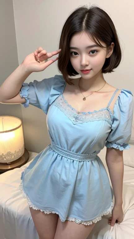 (black long maid cloth:1.3, Long Sleeve Ruffled, White maid apron, White prim head), (M-shaped legs, Squat with your knees upright, see panties through the hem of your skirt, crotch:1.3), (full length, whole body), (black hair, , (slim waist and large breasts style, short height:1.2), short bob hair, aqua eyes, blush stickers, one little star earring, lively eyes, younger sister girl, round face, eyebrows downward, light blush, Look at viewers, affectionate cute, cute girl, surreal high school girl, Look at viewers, smile, Hinano Himeno), (Surrealism, natural lighting, depth of field, Nikon, 8k, super detail, masterpiece, high details, anatomically correct, award winning), On a plush bed, pov from down, look at the viewer