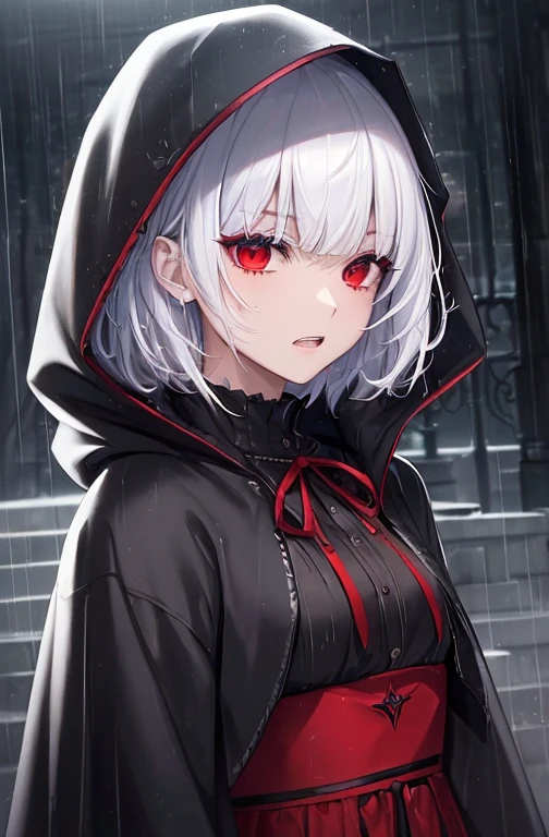 kk, best quality, more details, masterpiece, 1girl, kaneki ken, portrait, male focus, red eyes, solo, bangs, looking at viewer, hood, short hair, rain, tokyo tokyo \(hell\), hood up, nail polish, white hair, luxurious, 8k, detailed, ray tracing, depth of field, cinematic lighting, devil, demon, (((masterpiece)))、(((top-quality)))、((ultra-detailliert))、Vampires、Vampire、King of the Night、natta、Castles、a moon、rot、cloaks、the bats、((canine teeth))、wining、Neck bite