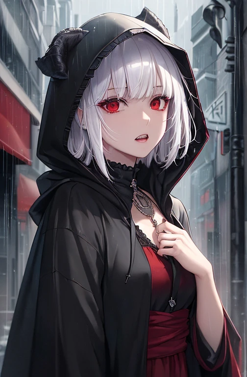 kk, best quality, more details, masterpiece, 1girl, kaneki ken, portrait, male focus, red eyes, solo, bangs, looking at viewer, hood, short hair, rain, tokyo tokyo \(hell\), hood up, nail polish, white hair, luxurious, 8k, detailed, ray tracing, depth of field, cinematic lighting, devil, demon, (((masterpiece)))、(((top-quality)))、((ultra-detailliert))、Vampires、Vampire、King of the Night、natta、Castles、a moon、rot、cloaks、the bats、((canine teeth))、wining、Neck bite