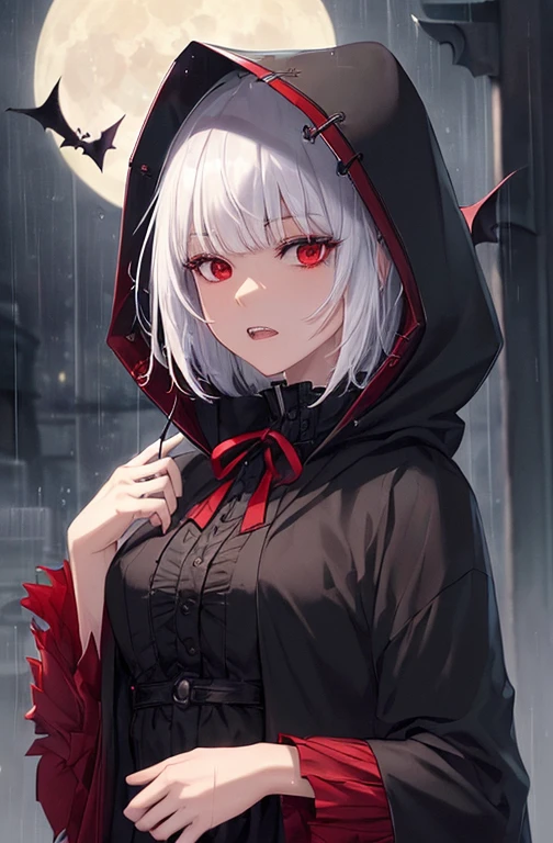 kk, best quality, more details, masterpiece, 1girl, kaneki ken, portrait, male focus, red eyes, solo, bangs, looking at viewer, hood, short hair, rain, tokyo tokyo \(hell\), hood up, nail polish, white hair, luxurious, 8k, detailed, ray tracing, depth of field, cinematic lighting, devil, demon, (((masterpiece)))、(((top-quality)))、((ultra-detailliert))、Vampires、Vampire、King of the Night、natta、Castles、a moon、rot、cloaks、the bats、((canine teeth))、wining、Neck bite