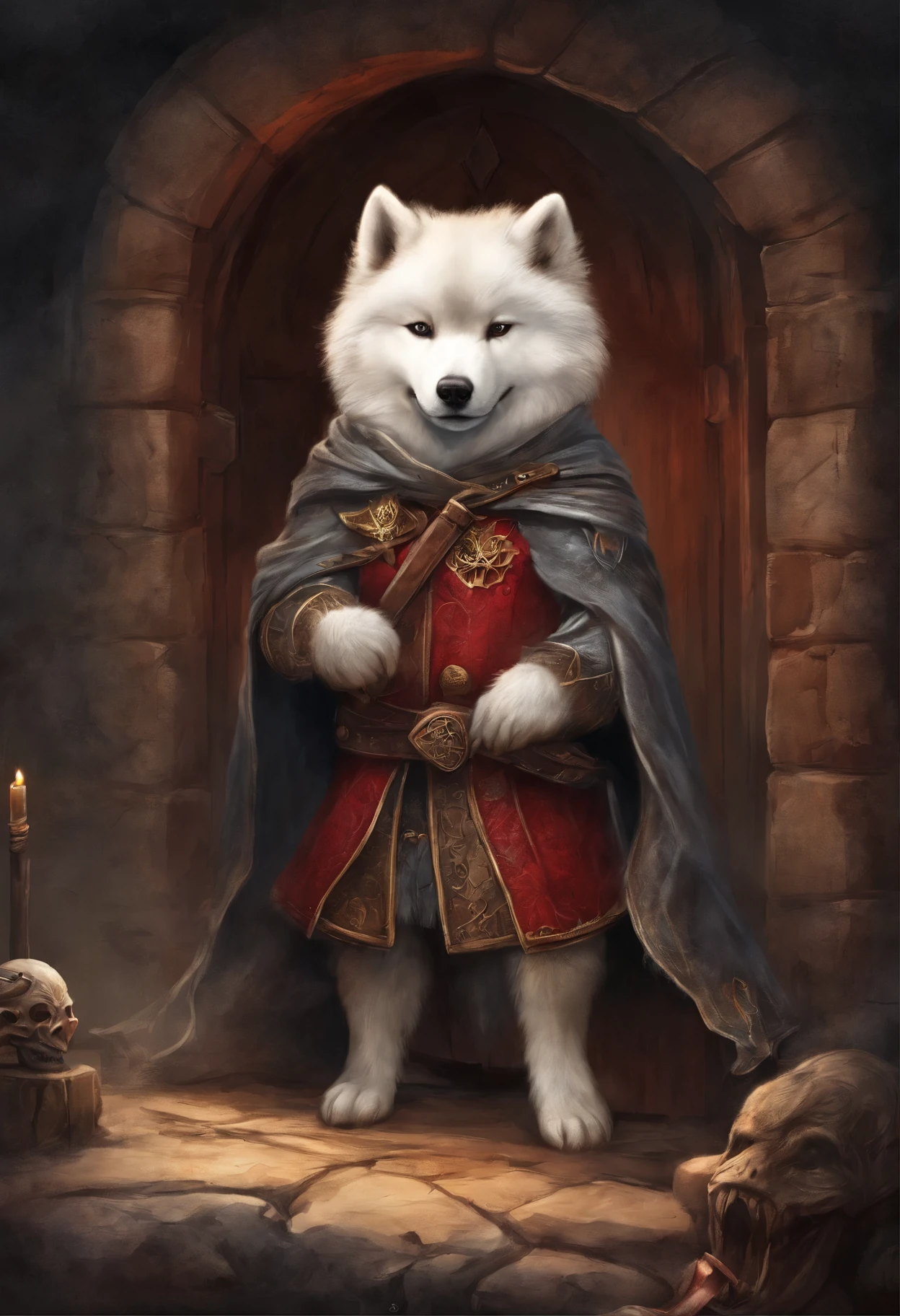 (Super detailed CG unit 8k wallpaper, Main items, best quality, depth of field, human development report, complex), High,A cute Samoyed wearing a metal mask，Bright Eyes，Light armor and dark armor，Wearing a low-key red cloak behind him，Holding a sharp dagger in his arms，Step into the burning village, (complex: 1.4) (Main items: 1.4) (illustration: 1.4), red studio lighting, post processing, 8K resolution, Deep dark background, momentum, Well-composed photos, touching, dark fantasy (director: greg rutkovsky: 1.2), (darken: 1.5)